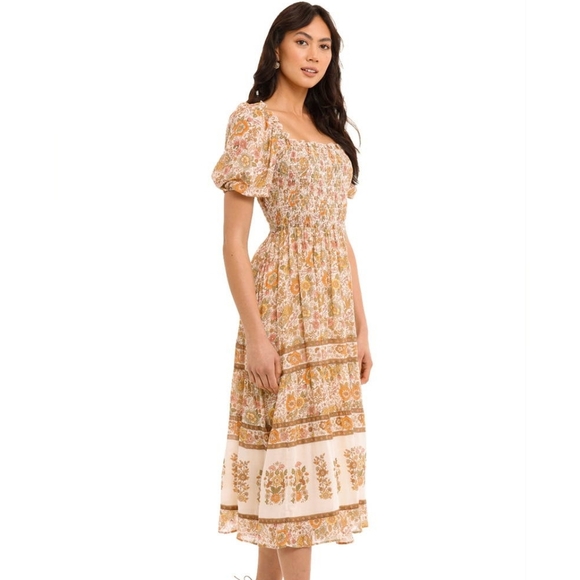 Anthropologie Kindred Shirred Puff Sleeves Midi Dress In Cream Floral Print Sz S - Picture 2 of 9